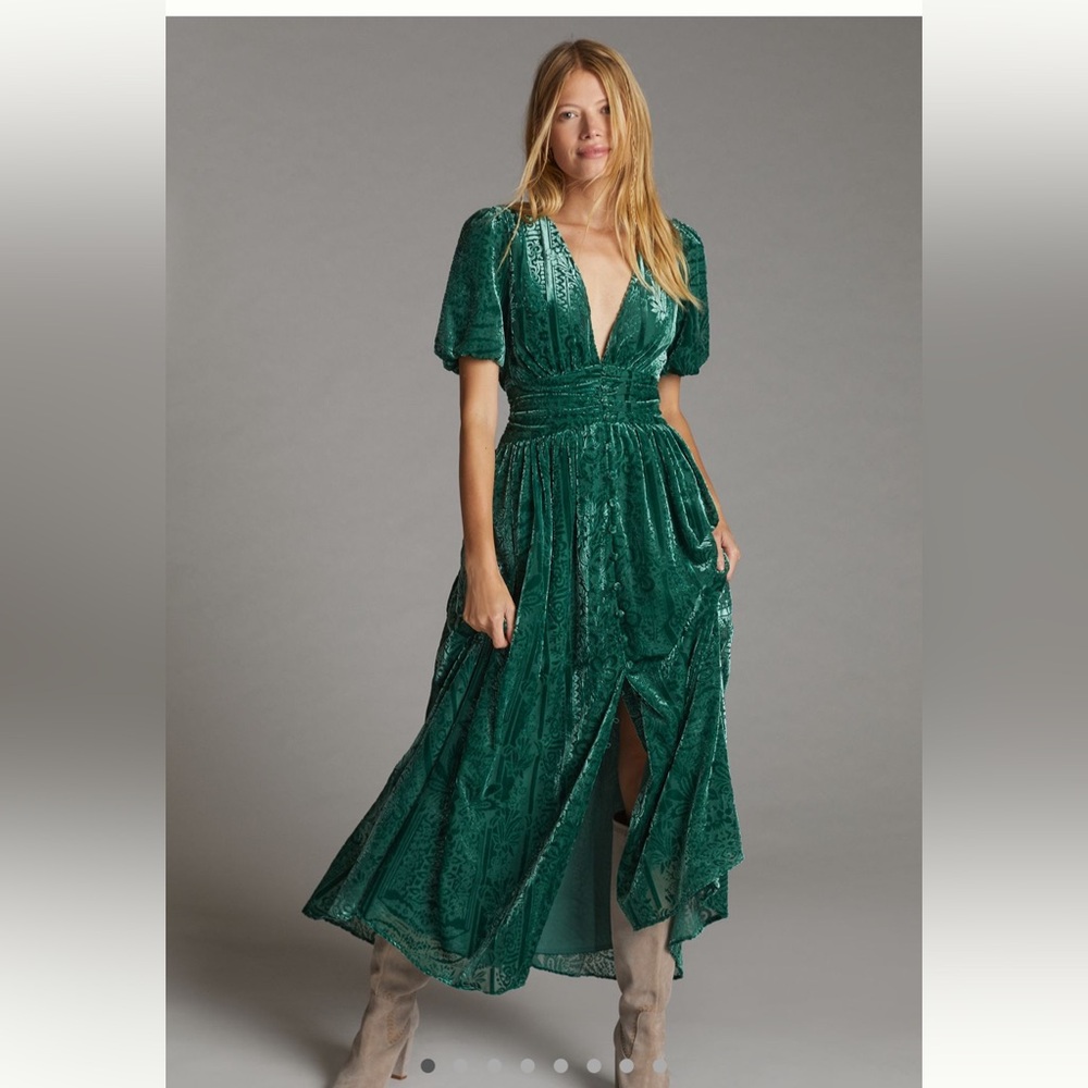 Anthropologie Green Velvet Maxi Dress